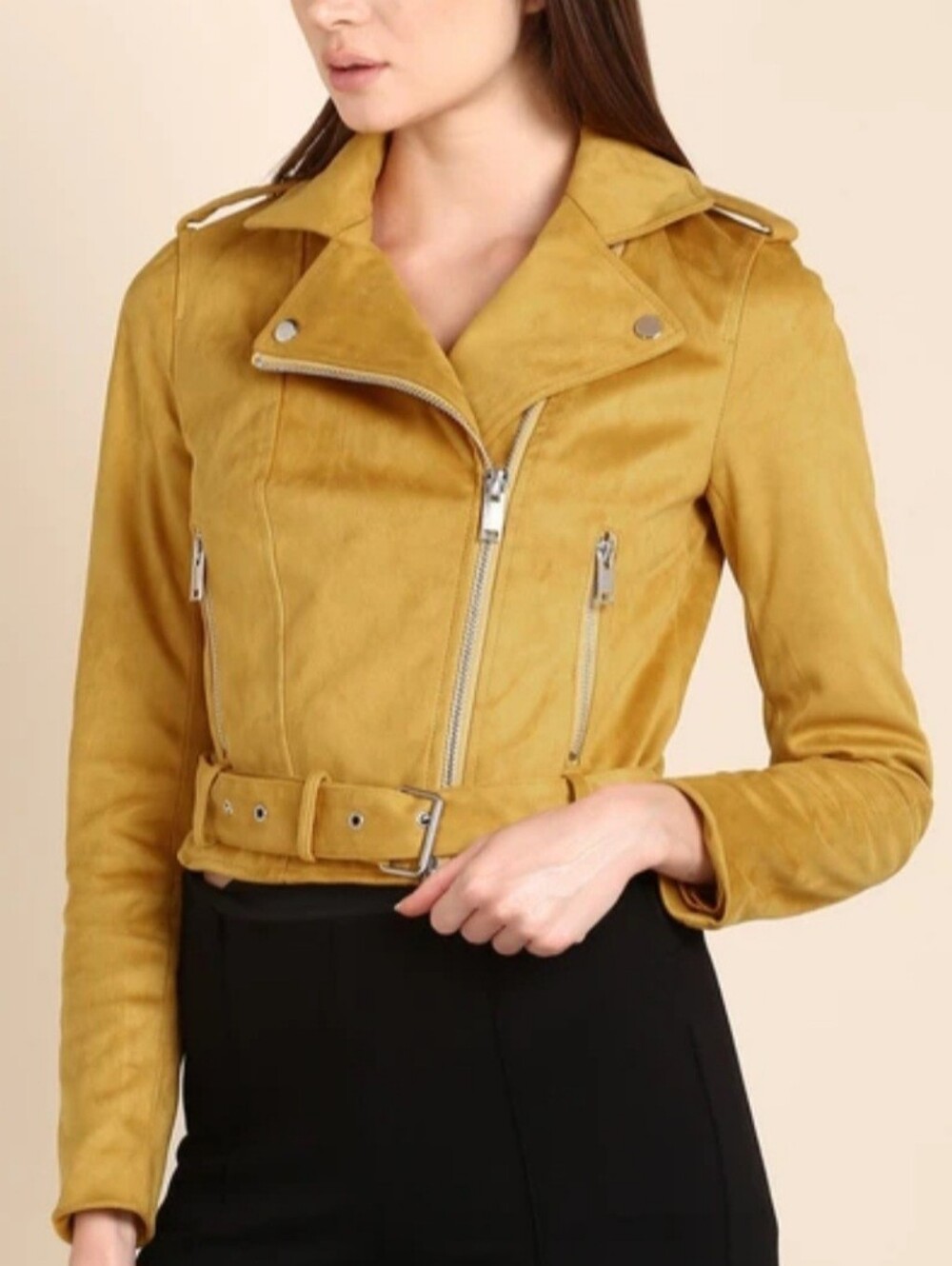 FOREVER 21 Women's Mustard Yellow Suede Moto Jacket Size Large